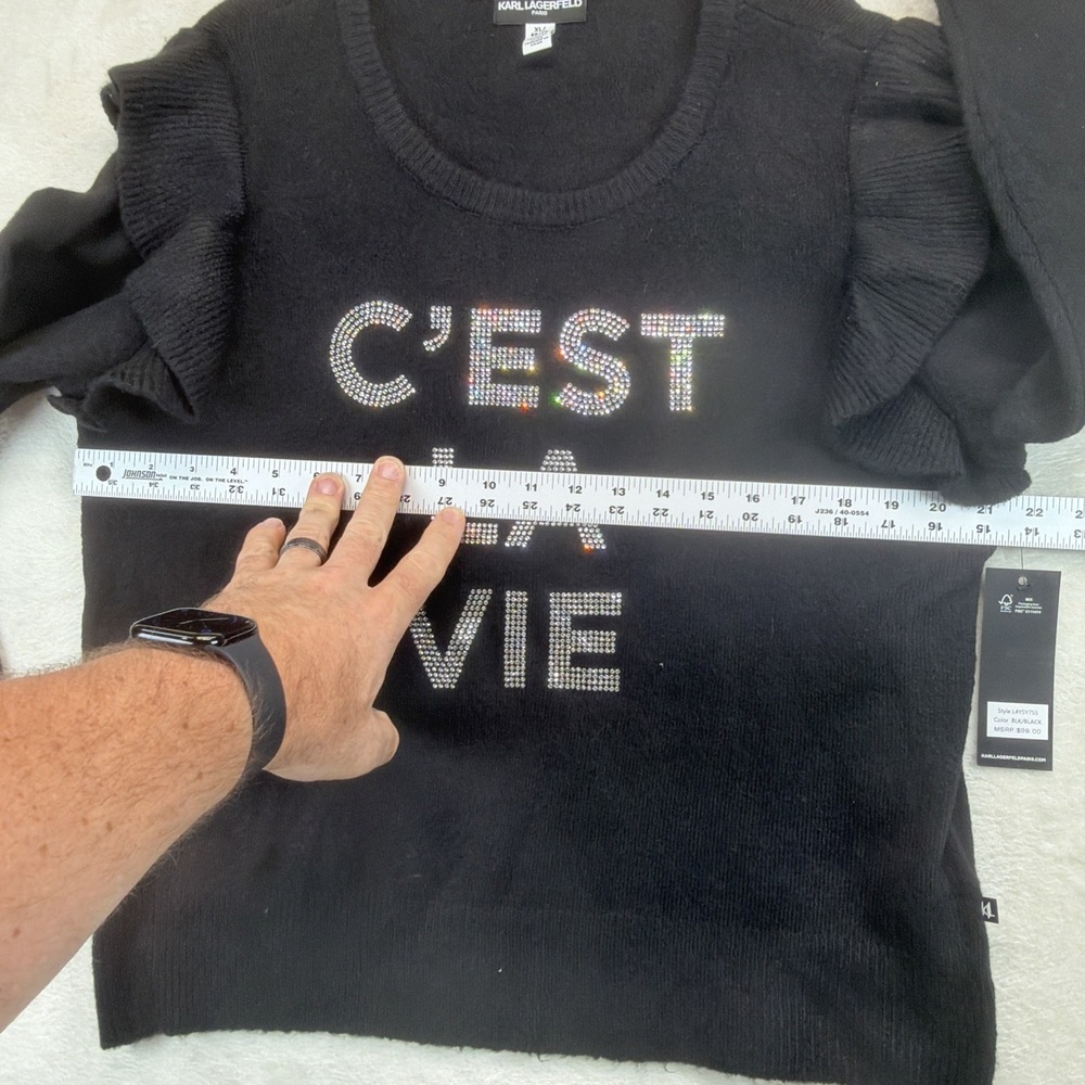 Karl Lagerfeld Paris C'est La Vie Embellished Ruffle Knit Top Black XL NWT - Picture 6 of 9